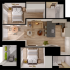 Modern 3D floor plan showcasing two cozy bedrooms, a stylish open-concept living area with a kitchen island, and a serene patio with greenery.