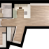 Modern 2D floor plan showcasing a sleek open kitchen and spacious living area with natural light, complemented by two cozy bedrooms and a full bathroom.