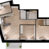 Charming floor plan featuring a bright 3-bedroom layout with an open-concept living and dining area, modern kitchen, and two bathrooms, highlighted by sleek wooden flooring and abundant natural light.