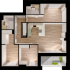 Modern floor plan with three bedrooms, open kitchen concept, spacious living area, and two bathrooms, featuring wooden floors and a cozy balcony.