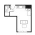 Modern floor plan featuring a spacious studio layout with an open-concept kitchen, living area, and a compact bathroom.