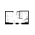 Charming studio apartment floor plan showcasing open living space and modern bathroom amenities.