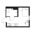 Modern studio floor plan showcasing a cozy bedroom, efficient kitchen, and a compact bathroom layout.