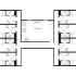 Modern floor plan showcasing 8 bedrooms, a central open kitchen with island seating, and private bathrooms.