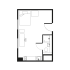 Modern studio apartment floor plan with open living space, efficient kitchenette, and a compact bathroom.