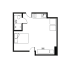 Compact studio apartment floor plan showcasing a cozy bedroom, a modern kitchen, and a functional bathroom layout.