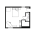 Cozy studio floor plan featuring a spacious bedroom area, compact kitchenette, and modern bathroom.