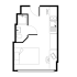Modern studio apartment floor plan featuring an open kitchenette, cozy bedroom area, and a compact bathroom.