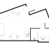 Chic studio apartment floor plan featuring an open sleeping area, compact kitchen, and full bathroom layout.