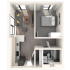 Modern 1-bedroom apartment floor plan with cozy living room, sleek kitchen, and elegant bathroom.