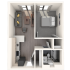 Chic 1-bedroom apartment floor plan featuring a cozy living room, sleek kitchen, and modern bathroom layout.