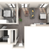Modern open-concept apartment layout featuring one bedroom, a cozy living area, compact kitchen, and bathroom. Stylish design with ample natural light.