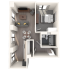 Modern 3D floor plan showcasing a cozy 1-bedroom apartment with an inviting living area, stylish furniture, and a functional kitchen layout.