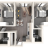 Modern 3D floor plan showcasing two cozy bedrooms, stylish living area, compact kitchen, and a sleek bathroom layout, perfect for urban living.