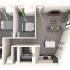 Elegant 2D floor plan showcasing two bedrooms, a cozy open-plan living area, and a modern kitchen layout.