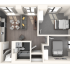 Modern apartment floor plan with 2 spacious bedrooms, a sleek kitchen, cozy living area, and a well-designed bathroom.
