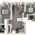 Modern 3D floor plan showcasing a cozy two-bedroom apartment with an open living space and a sleek kitchen, emphasizing functionality and style.