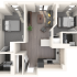 Modern 3D floor plan featuring 2 cozy bedrooms, a stylish open living area, and a sleek kitchen design.
