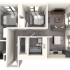 Modern and spacious 3D floor plan showcasing two bedrooms, elegant living room with cozy sofa, compact kitchen, and a stylish bathroom.