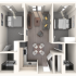 Modern 3D floor plan of an inviting apartment with two cozy bedrooms, an open-concept living and dining area, and a sleek kitchen.