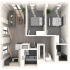 Modern 3D floor plan showcasing two cozy bedrooms, an inviting open-concept living room with a stylish kitchen, and a sleek bathroom design.
