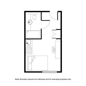 Modern studio apartment floor plan featuring an open-concept design with a cozy bedroom, functional kitchen, and a compact bathroom.