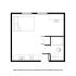 Chic studio floor plan featuring a cozy bedroom, compact kitchen, and modern bathroom.
