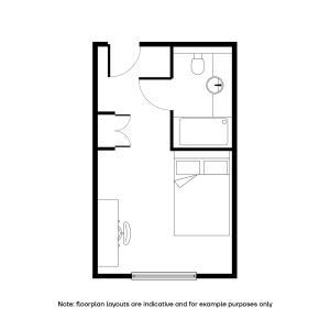 Compact studio floor plan showcasing a cozy bedroom, efficient bathroom, and a versatile living area.