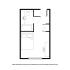 Modern studio apartment floor plan with an open bedroom, compact bath, and functional living space.