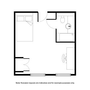 Compact floor plan showcasing a cozy bedroom, modern bathroom, and efficient kitchenette.