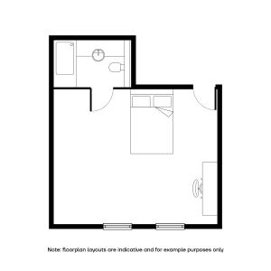 Modern studio floor plan featuring a spacious sleeping area, integrated with a stylish bathroom and convenient desk space.