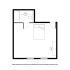 Modern studio floor plan featuring a spacious sleeping area, integrated with a stylish bathroom and convenient desk space.