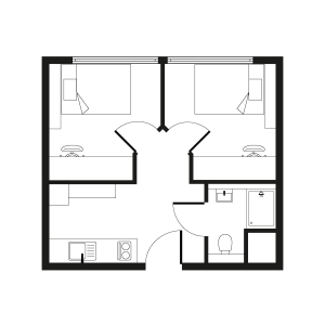 Modern 2D floor plan with two symmetrical office spaces and shared bathroom layout, ideal for professional settings.