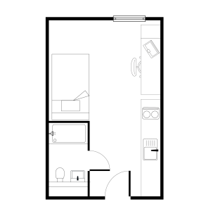 Efficient studio apartment floor plan with a cozy bedroom, compact kitchen, and modern bathroom layout.