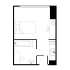 Compact studio floor plan featuring a cozy bedroom, efficient kitchenette, and modern bathroom layout.